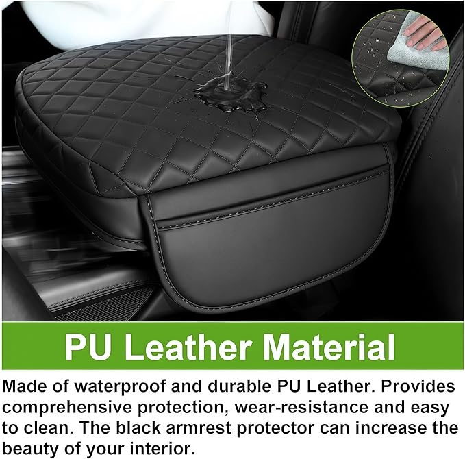 Armrest Cover for Honda Pilot Center Console Pad with Organizer Storage Pockets, Black Faux Leather Arm Rest Lid Protector Cushion Interior Accessories (2009-2015)