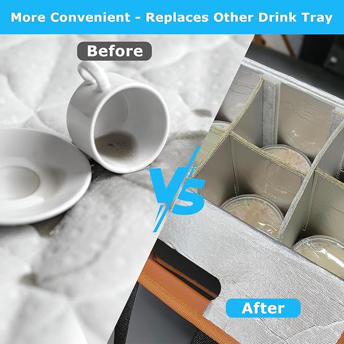 6 Cup Drink Carrier with Handle, Reusable Insulated Cooler Drink Caddy for Car Cup Holder, Foldable Coffee Carrier Bag with Adjustable Dividers, Portable for Car, Travel, Picnic Party, Food Delivery