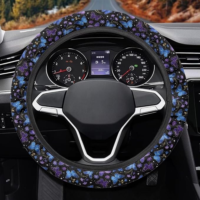AFPANQZ Steering Wheel Protection for Automotive Steering Wheel Covers, Blue Purple Butterfly Sweat Absorption Comfort Grip for Driver Women Men