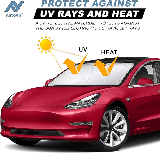 Tesla Windshield Sun Shade for Model 3 and Y - Size (56" x 36"), Premium 240T Reflective Sunshade, Heat Shield, UV Protection Foldable Front Window Sunshade with Storage Pouch Tesla Car Accessories