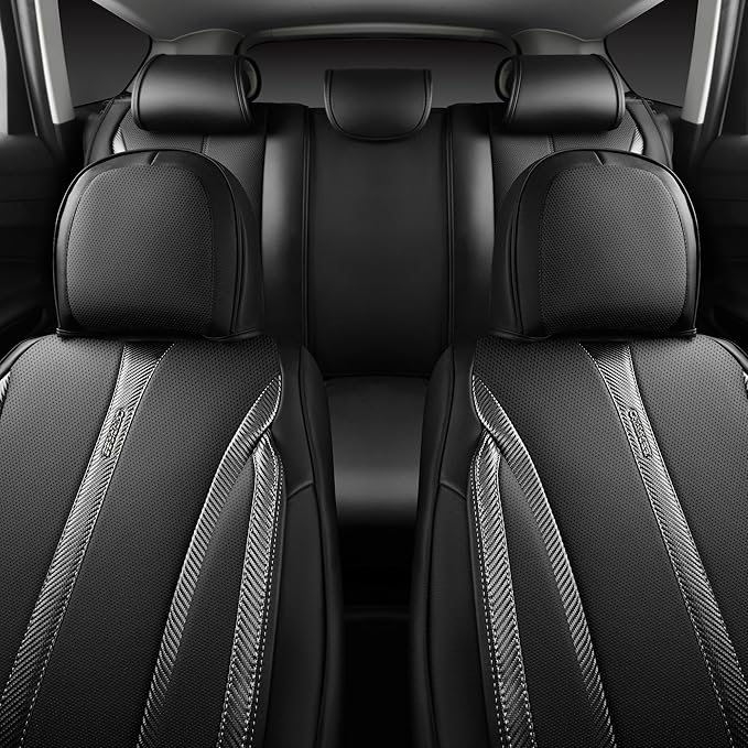 CAR PASS Nappa Leather Car Seat Covers Cushioned, Waterproof Leatherette Seat Covers Anti-Slip 5 Seats, Universal for Cars,SUV,Pick-Up,Truck,Sedan,Vehicles Sports(Full Set Black Charcoal Carbon Fiber)