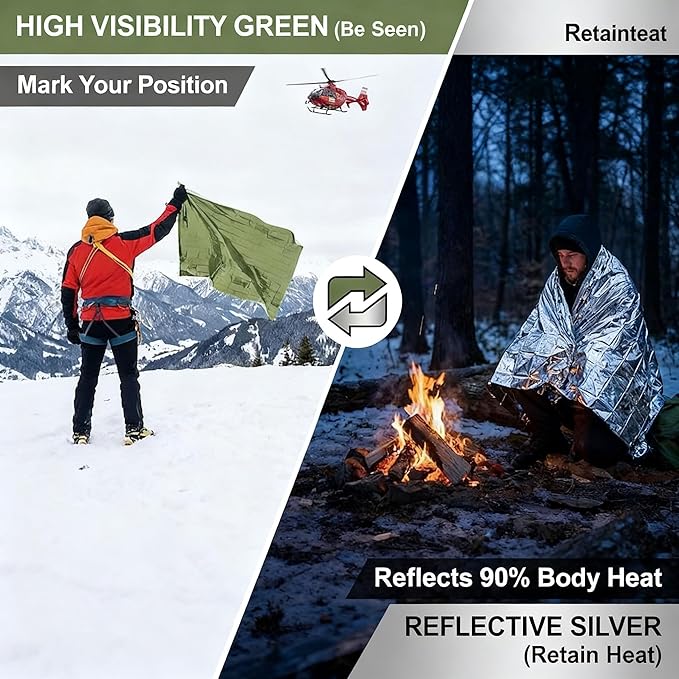 Ruten Double-Sided Green/Silver Thermal Emergency Blanket (4-Pack) - Extra Large 63x82.7 Heavy Duty Mylar Foil Space Blankets for Camping, Car, Hiking, Survival Kits - Windproof & Waterproof