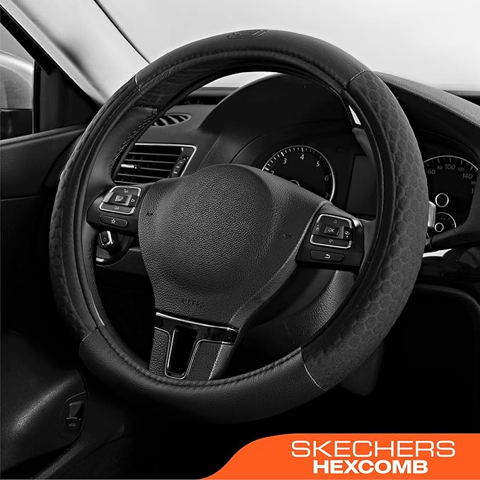 Skechers Steering Wheel Cover,Leather Steering Wheel Cover Hexcomb Design Embedded TPE Steering Wheel Universal Fit 14" 1/2-15" Car Wheel Protector for Men Women Fit Suvs,Vans,Sedans,Car,Trucks,Black