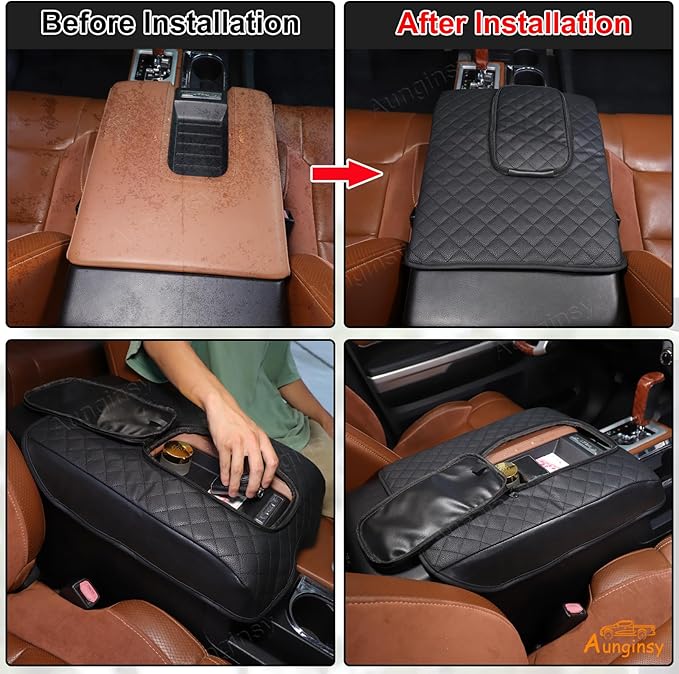 Aunginsy Leather Center Console Armrest Cover Compatible with Toyota Tundra 2014-2021, Car Middle Console Cushion Lid Pad Scratch Protector, Armrest Seat Box Cover with Pocket Storage Bag Accessories