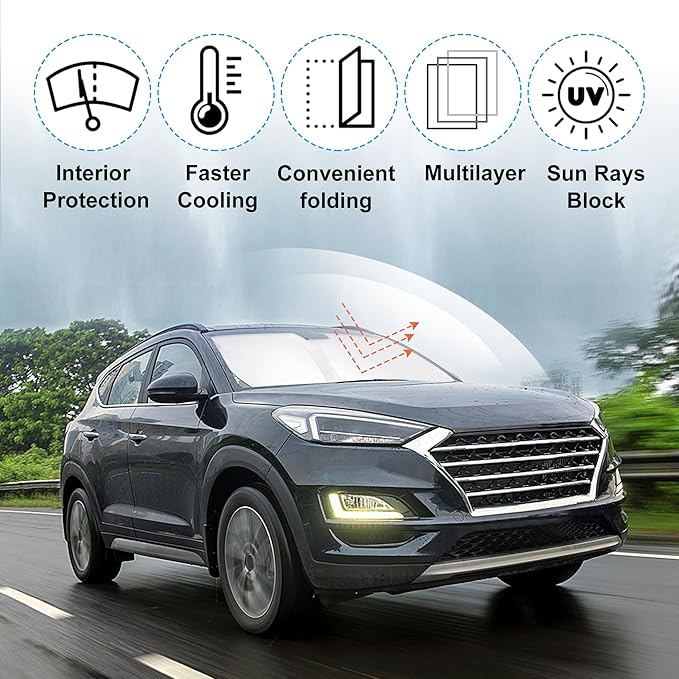 Windshield Sun Shade Custom Fit for 2016-2021 Hyundai Tucson Accessories Foldable Sunshade Sun Blocker Protect Car from Sun Rays & Heat Damage Keep Car Cooler