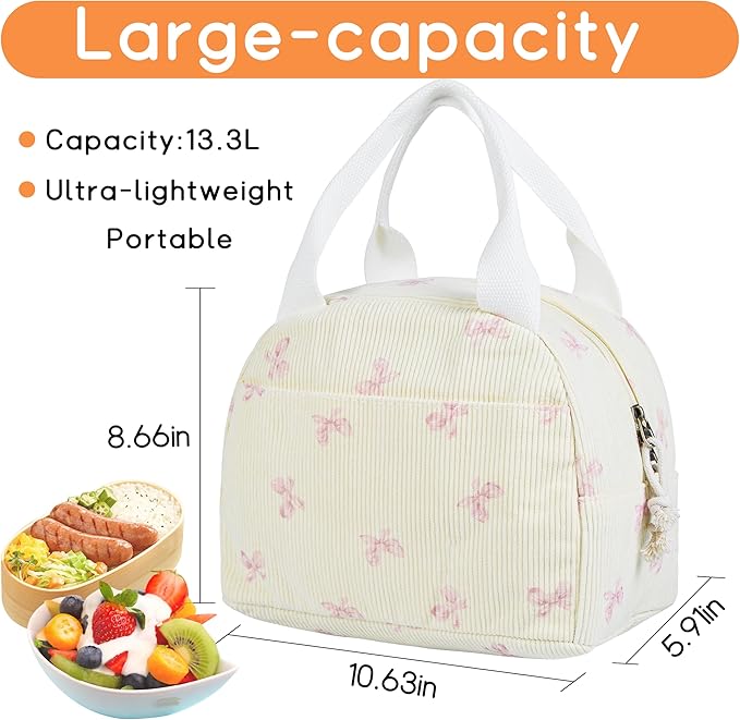 Lunch Bag for Women Insulated Lunch Box Cute Corduroy Lunch Tote Bags Reusable Large Capacity Cooler Bag for Travel Work Picnic