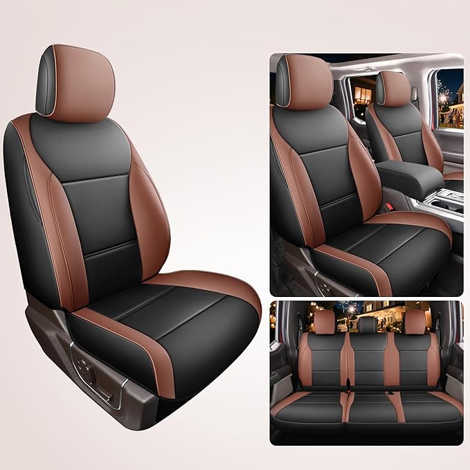 Red Rain F150 Leather Car Seat Covers Custom Fit for Ford F150 SuperCrew/CrewCab 2015-2025 XL XLT STX Pickup Truck Black and Brown Auto Seat Protector 5 Seater (F150-Black+Brown)