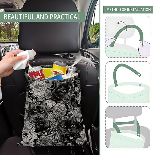 Cute Car Trash Can, Hanging Canvas Car Back Seat Organizer and Storage Bag, Funny Car Trash Bag For Travelling, Outdoor Cute Black Cat Flower