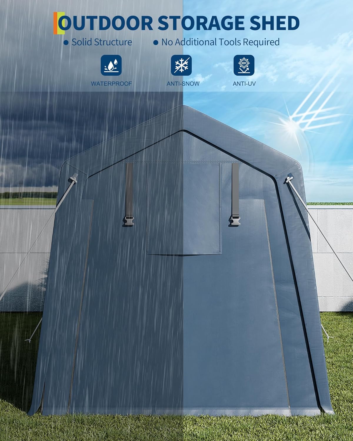 7x15FT Outdoor Storage Shed, Portable Carport with Roll-up Ventilated Zipper Door and Windows, Heavy Duty Waterproof Tarp, Storage Sheds for Motorcycle, Bike, Firewood, Garden Tools