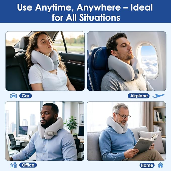 jiaao Memory Foam Neck Pillow for Travel & Airplanes, Adjustable Travel Pillow for Long Flights & Road Trips, Includes Eye Mask, Earplugs & Bag(Gray)