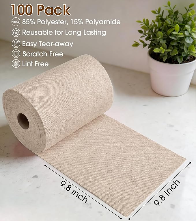 KitchLife Microfiber Cleaning Cloth Roll, 100 Pack - Tear-Away Microfiber Paper Towels, Lint-Free, Reusable, Washable for Kitchen, Car, Dishes, and Sensitive Surfaces (Sand Beige)