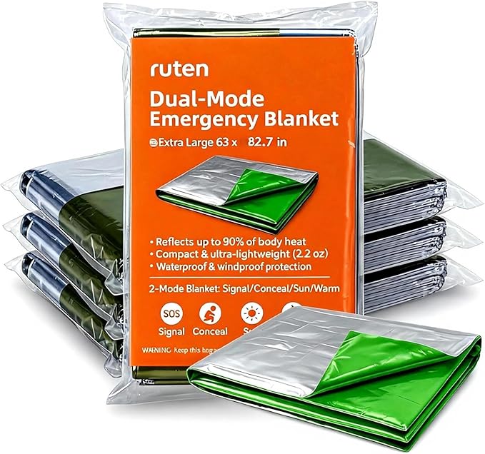 Ruten Double-Sided Green/Silver Thermal Emergency Blanket (4-Pack) - Extra Large 63x82.7 Heavy Duty Mylar Foil Space Blankets for Camping, Car, Hiking, Survival Kits - Windproof & Waterproof