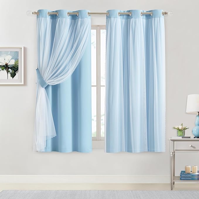 Bujasso Sky Blue 80% Blackout Curtains with Sheer Overlay Mix and Match Double Layer Thermal Insulated Window Panels 63 inch for Living Room Bedroom Blue Drapes with Tiebacks Grommet Top 37" Wx63 Lx2