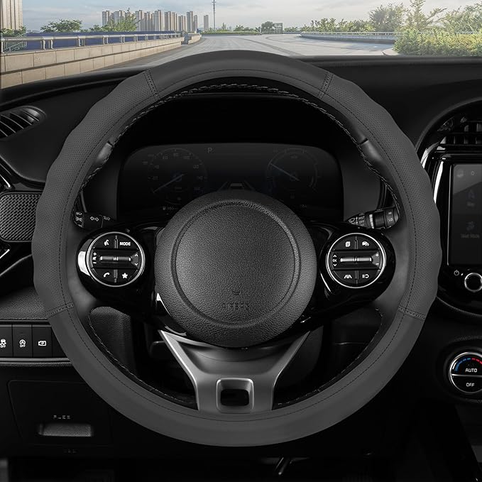Motor Trend Soft Touch Leather Gray Steering Wheel Cover with Grooves, Advanced Traction Universal Fit for Standard Sizes 14.5 15 15.5 inches