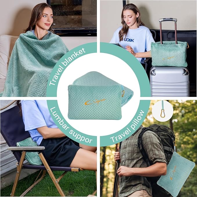 Compact Travel Blanket for Airplane, Premium Soft 2-in-1 Blanket with Pillowcase and Carry Bag, Lightweight Travel Essentials with Luggage Sleeve and Backpack Clip, Mint Green