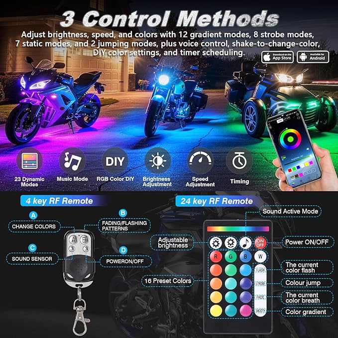 12PCS Motorcycle RGB LED Light Kit with Brake Turn Signal, Underglow Lights with APP/RF Remote,Neon Accent Light MultiColor Dual Zone Waterproof 12V for Sport Bike, Cruiser, Street&Off-Road Motorcycle