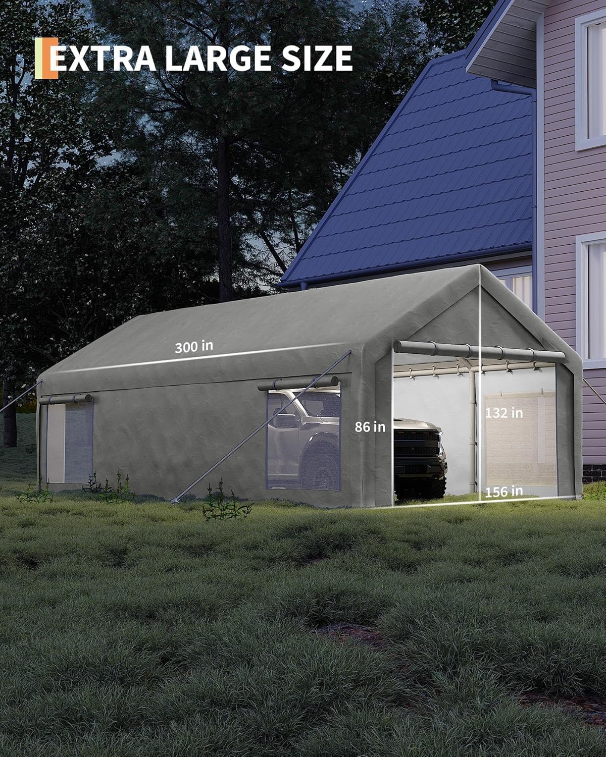 13 x 25ft Heavy-Duty Carport Canopy with Roll-Up Windows & DoorsThickened Wind Ropes, Ground Nails, Portable Car Tent Garage for Cars, Trucks, Boats, 200G Durable Tarp Cover,Grey