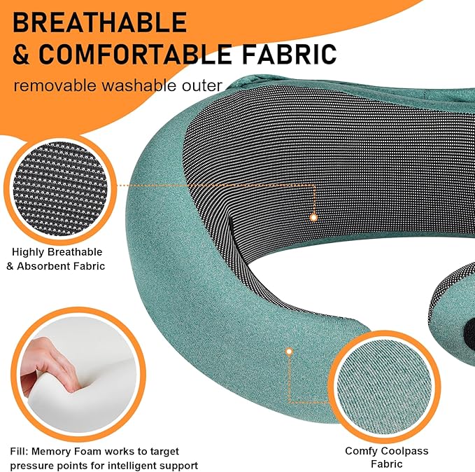 Travel Pillow - Hooded Neck Pillow Airplane Memory Foam Filling for Plane, Office, Cars Sleeping, Road Trip, Long Flights, Airplane Travel Essentials, Includes Eye Mask & Earplugs (Green)