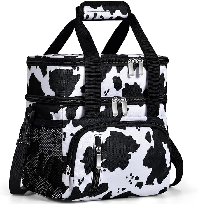 Insulated Lunch Bag for Women, Double Leakproof Lunch Box Soft Cooler Tote with 5 Pockets, 600D Oxford, EVA Lining, Adjustable Strap for Work, Picnic, Beach&Travel-Cow Print