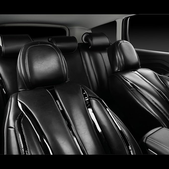 CAR PASS Ultra+ Nappa Patent Leather Car Seat Covers Full Set Universal Cushioned,Soft Breathable Waterproof Anti-Slip Driver Seats Backrest for SUV Pick-up Truck Sedan,5 Seats Aether Lustre All Black