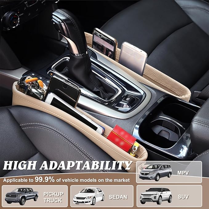 2 Pack Update Car Seat Gap Filler Organizer Leather Console Storage Box Front Side Pocket Seats Organizers Filler Interior Car Accessories for Phone Wallet Coin Key Sunglasses (Off-White)