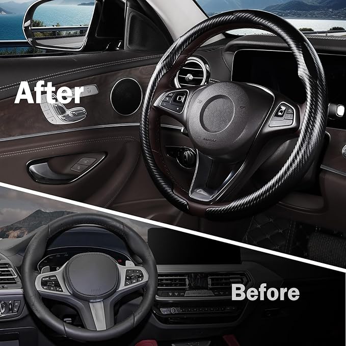 Carbon Fiber Steering Wheel Cover, Thin Steering Wheel Cover Protector Universal Car Steering Wheel Accessories, Matte Black