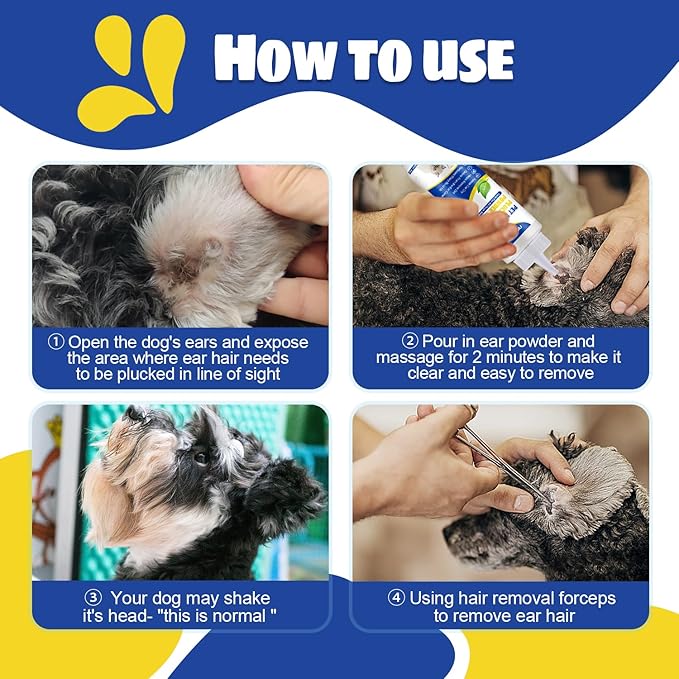 Upgraded Dog Ear Powder with 5.5 Inch Hair Removal Tool, Pet Ear Grooming Cleaner for Wax and Odor Control, Keeps Ears Dry & Soothes Itchiness
