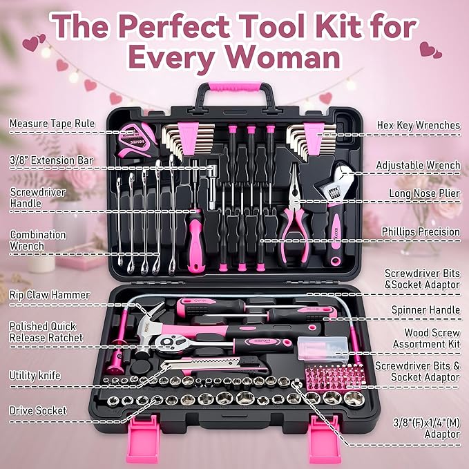 KOOPOOL 159 Piece Pink Tool Set, Tool Kit for Women, General Household pink tool kit for Home Auto Repair, Basic Mechanic Tool Box, with Storage Case