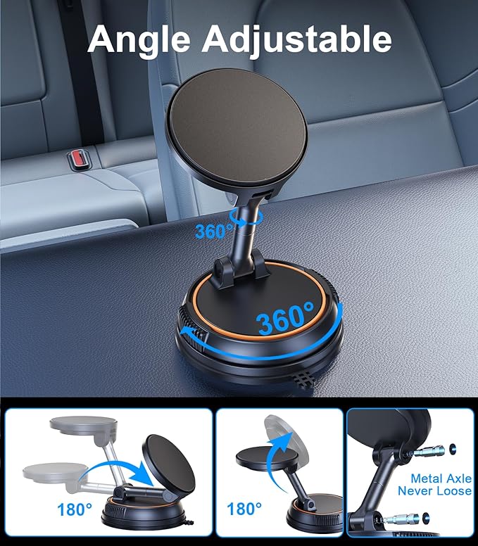 Magnetic Wireless Car Mount Charger Fast Charging, 360°Rotating Dashboard/Windshield Vacuum Suction Cup Phone Holders for Your Car, Car Accessories for iPhone 16 15 14 Pro Max Samsung Tesla