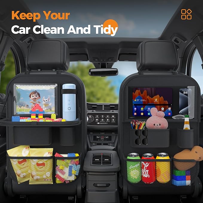 Car Back Seat Tray Organizer: Backseat Storage Protector Kids Travel Accessories Table Holder Car Kick Mat for Kid Road Trip Essentials - Truck Carseat Bag Cover Tablet Organizers Pocket 2 Pack