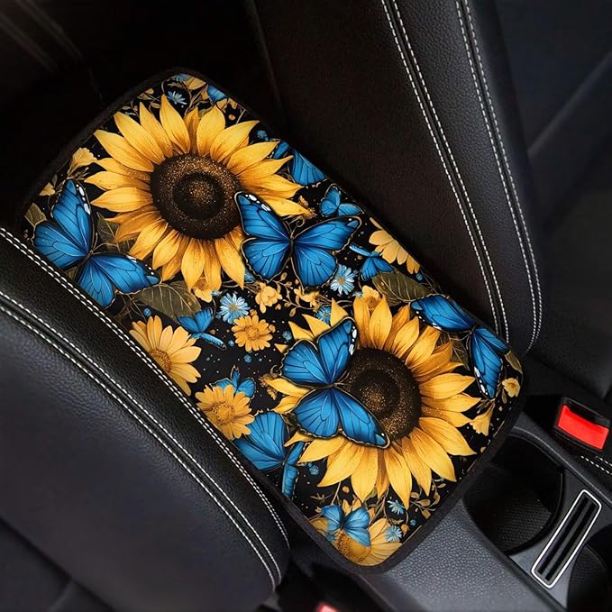 Dreaweet Car Center Console Cover Blue Butterfly Sunflower Print Arm Rest Cover for Car Women Universal Car Accessories Interior Soft Anti Scratch Car Armrest Storage Box Mat