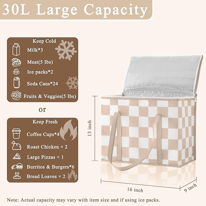 Checkered Insulated Grocery Bags 2 Pack, Checkerboard Cooler Shopping Bags for Groceries, Insulated Bags for Food Delivery