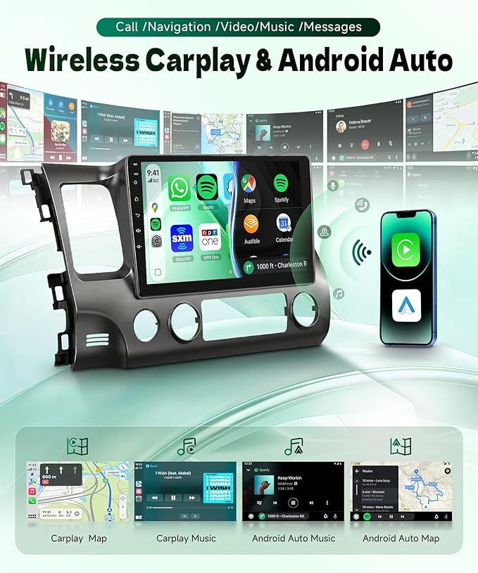 [5GHz-WiFi/Android 15] for Honda Civic 2006-2011 Wireless Carplay Android Car Stereo Support Wireless Android Auto with GPS Navigation AHD Backup Camera FM RDS Radio Receiver EQ SWC 2G+64G