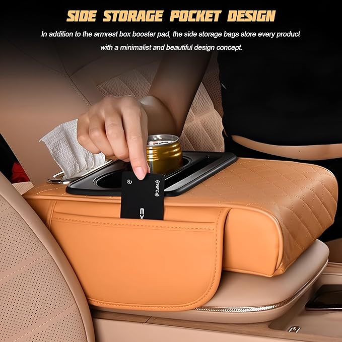 Zpana Car Center Console Armrest Pillow, Memory Foam Leather 4 in 1 Vehicle Arm Rest Cover with Tissue Box 2 Side Storage Bag Cup & Phone Holder, Auto Armrest Cushion, Universal Fit (Orange)