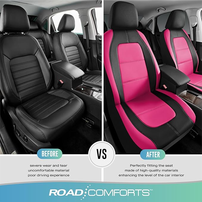 Road Comforts Car Seat Cover, Leather Car Seat Covers, Front Low Back Sport Seat Covers, Airbag Compatible, Universal Fits for Most Cars (Hot Pink