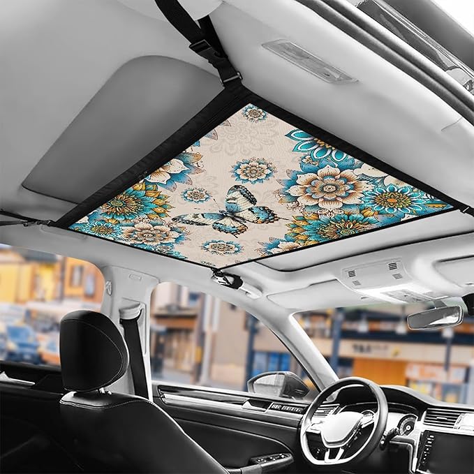 NDISTIN Butterfly Car Ceiling Cargo Net Pocket Adjustable Cargo Net for Inside Car Roof Vintage Boho Floral Car Roof Storage Bag Car Ceiling Storage Accessories for Long Road Trip Travel