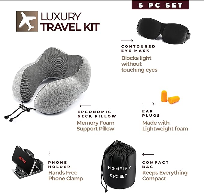 Homeify Airplane Neck Pillow Includes Travel Pillow + Airplane Phone Holder Mount + Eye Masks + Earplugs for Travel, 100% Pure Memory Foam Travel Pillow, 4 Pc Travel Kit, 2 Pack