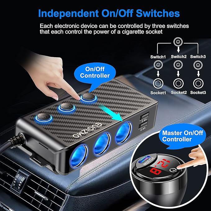Cigarette Lighter Plug Splitter Adapter, EUGIZMO 222W Multi Port Power Plug Car Charger Adapter for Plug Outlet 12V 3 Socket Splitter Car Cigarette Lighter USB Charger with LED Independent Switches