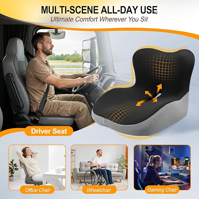Memory Foam Car Seat Cushion with Lumbar Support, L-Shaped Ergonomic Design for Long Driving, Pressure-Relief Comfort for Car, SUV, Semi Truck & Office Chair