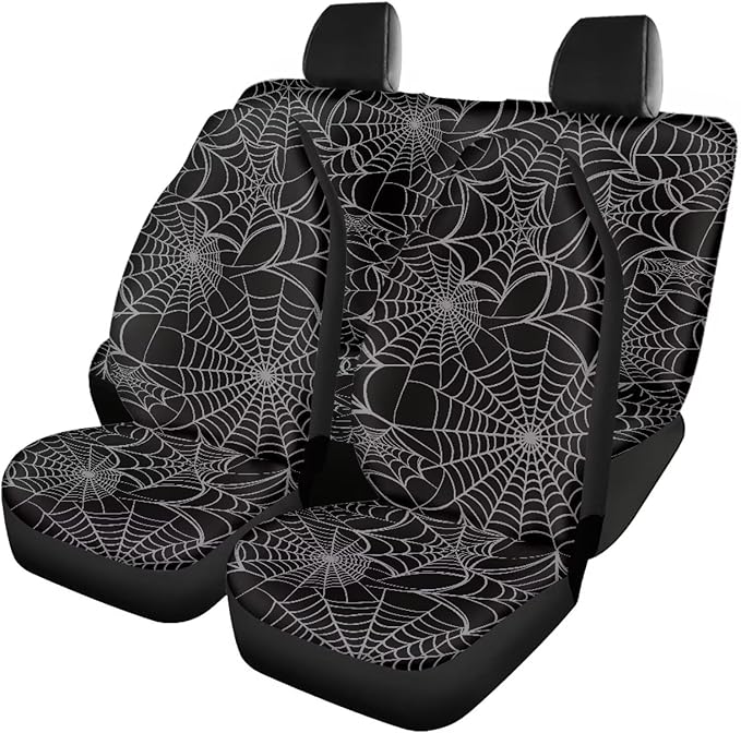 KEIAHUAN Halloween Spider Web Front and Back Car Seat Covers Front Saddle Blanket Rear Split Bench Protection Cover Fit Most Vehicle Truck,SUV (Black)