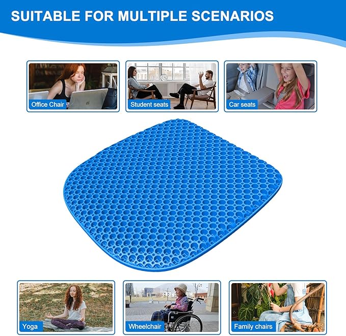 Large Gel Seat Cushion for Long Sitting With Non-Slip Cover,Soft & Breathable,Chair Cushion,Car seat Cushion,Office seat Cushion,Seat Cushion for Desk Chair,Wheelchair Cushion (Blue, Large Size)