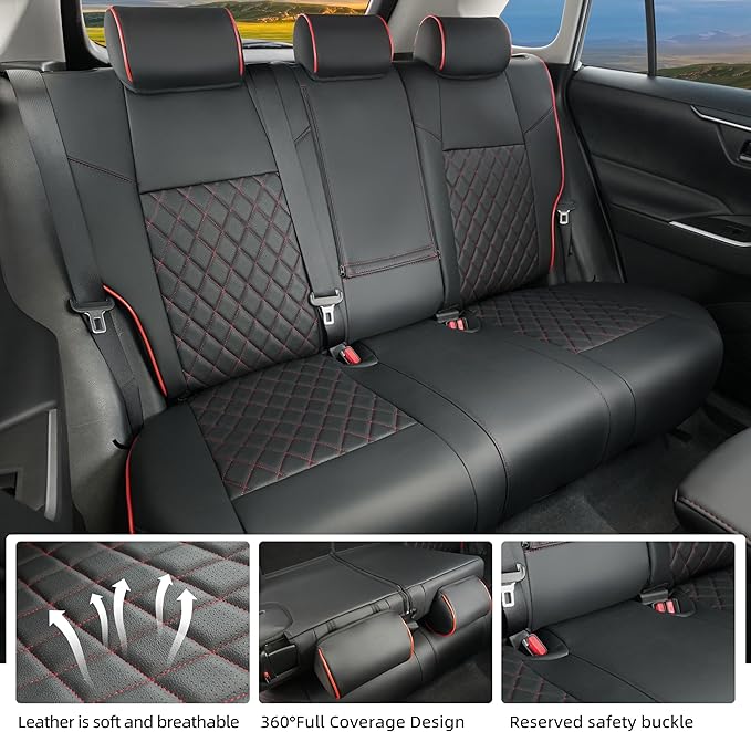 Lolcar RAV4 Seat Covers Custom Fit for Toyota RAV4 2019 2020 2021 2022 2023 2024 2025 LE,XLE,XLE Premium,Limited,Airbag Compatible,Seat Cover Full Set for SUV, Waterproof Leather（Black with Red Trim）