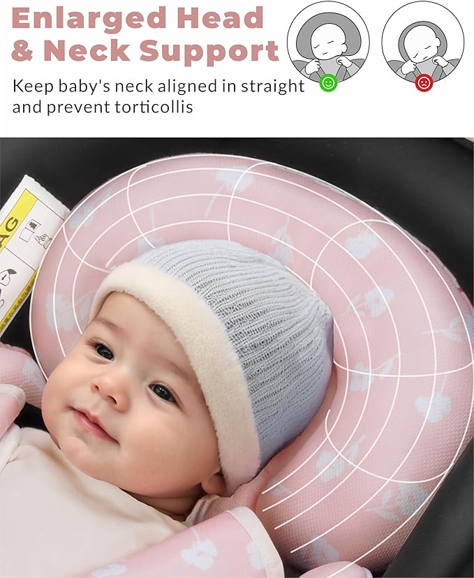 Newborn Car Seat Insert, Head and Body Support, Reversible Infant Insert Compatible with Baby Carseat, Stroller, Mamaroo Swing, Rocker, Bouncer. Baby Car Seat Cushion - Pink Floral