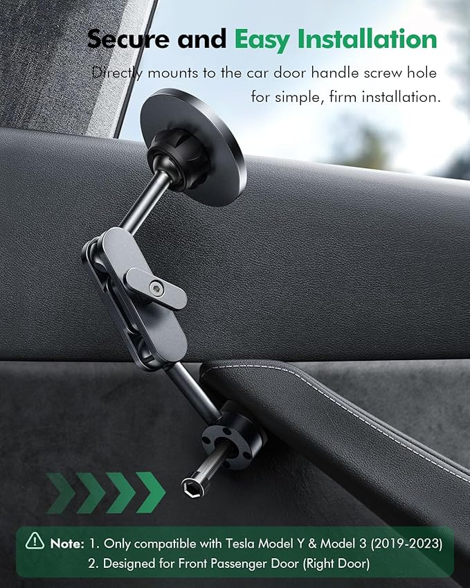 Magnetic Phone Mount for Tesla Model Y and Model 3 (2017-2023), Passenger's Side Door Bracket, 360° Rotation, Foldable, Compatible with iPhone 15/14/13/12 and All Phones