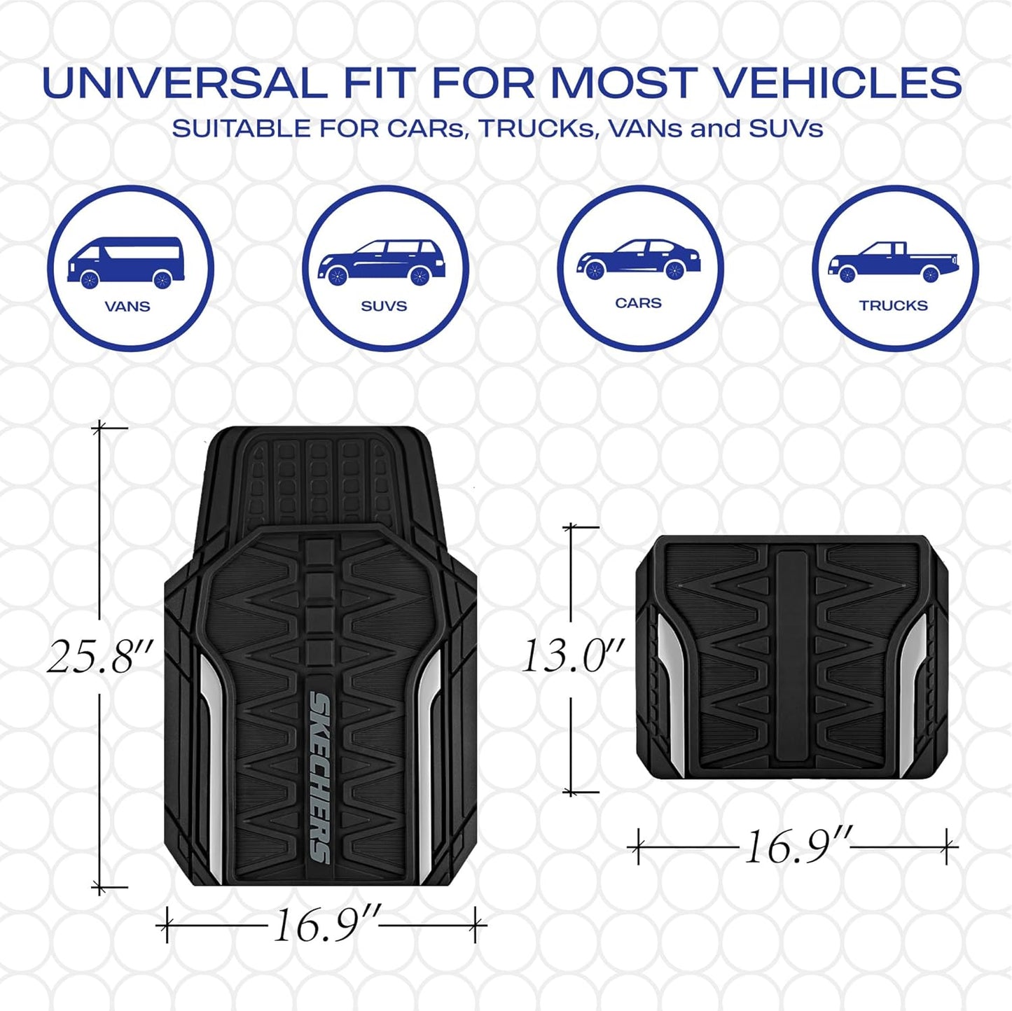 Skechers Heavy Duty Rubber Car Mats Full Set, All Weather Floor Mats, Waterproof Trim to Fit Universal Floor Liner, Automotive Floor Mats for Cars Trucks SUV, Sliver