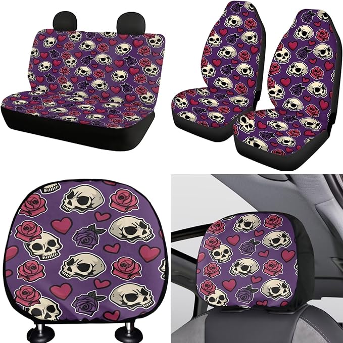 FKELYI Skull Rose Car Seat Full Set - Front and Back, Handbrake and Gear Shifter Knobs, Steering Wheel Cover, Cup Coasters