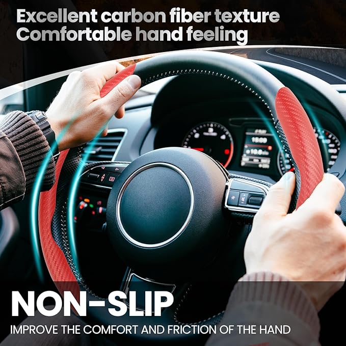 GSPSCN Universal Car Carbon Fiber Steering Wheel Cover Anti-Skid,Butterfly Steering Wheel Cover,Non-Slip Segmented Steering Wheel Protector,Fit for 99% Cars,Car Interior Accessories (Red)