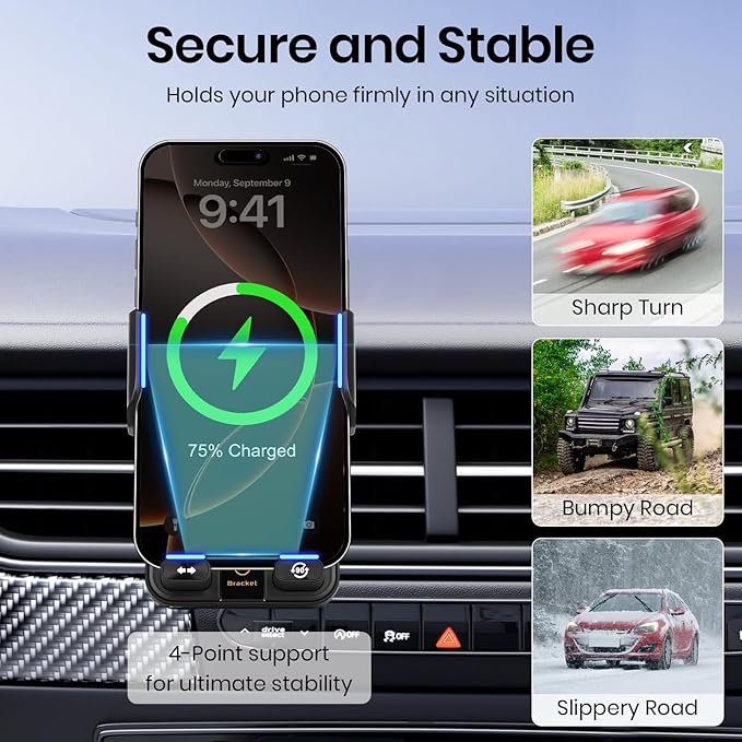 Car Phone Holder with 15W Wireless Car Charger, Car Vent Mount with Induction Opening and Closing, Air Vent Phone Stand with Horizontal and Vertical Screen Rotation Adjustment for iPhone - Blcak