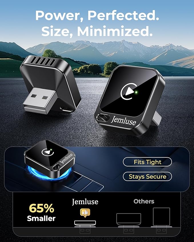 Jemluse Wireless CarPlay Adapter for Apple - Mini Size, Fast Stable Connection Convert Wired to Wireless Car Play Dongle for iPhone iOS 10+, Plug & Play for Cars from 2016+ w/USB-C(Onyx)