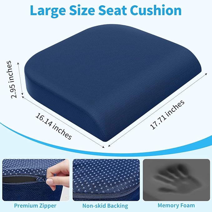Large Seat Cushion, Memory Foam Cushion for Long Sitting Hours on Office Chair, Home & Car, Non-Slip Chair Pad for Relieving Back & Sciatica & Hip & Coccyx Pain (Blue)